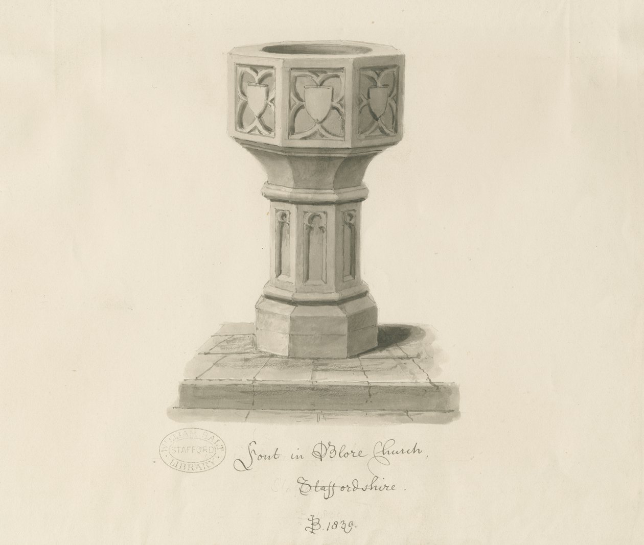 Typsnitt i Blore Church: sepiateckning, 1839 av John Buckler