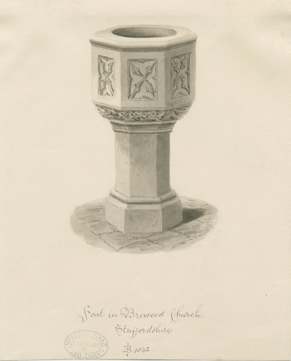 Typsnitt i Brewood Church: sepiateckning av John Buckler