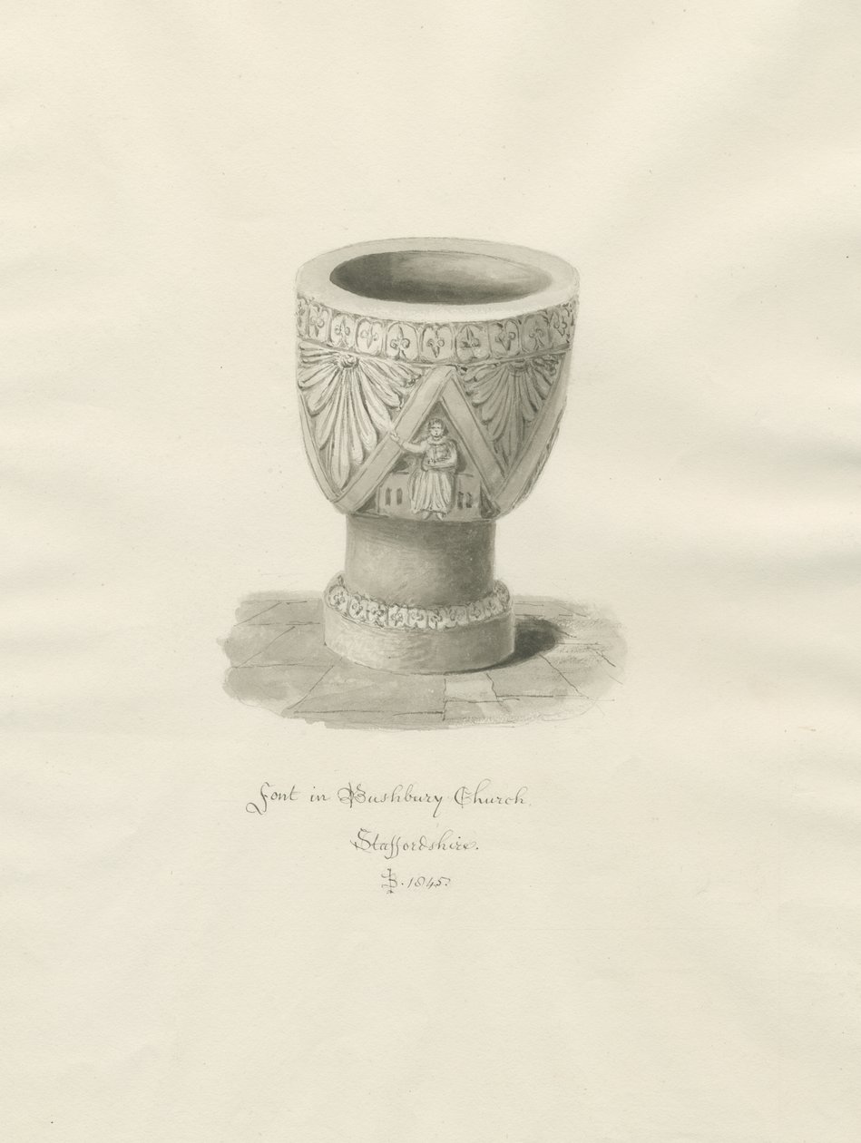 Typsnitt i Bushbury Church: sepiateckning av John Buckler