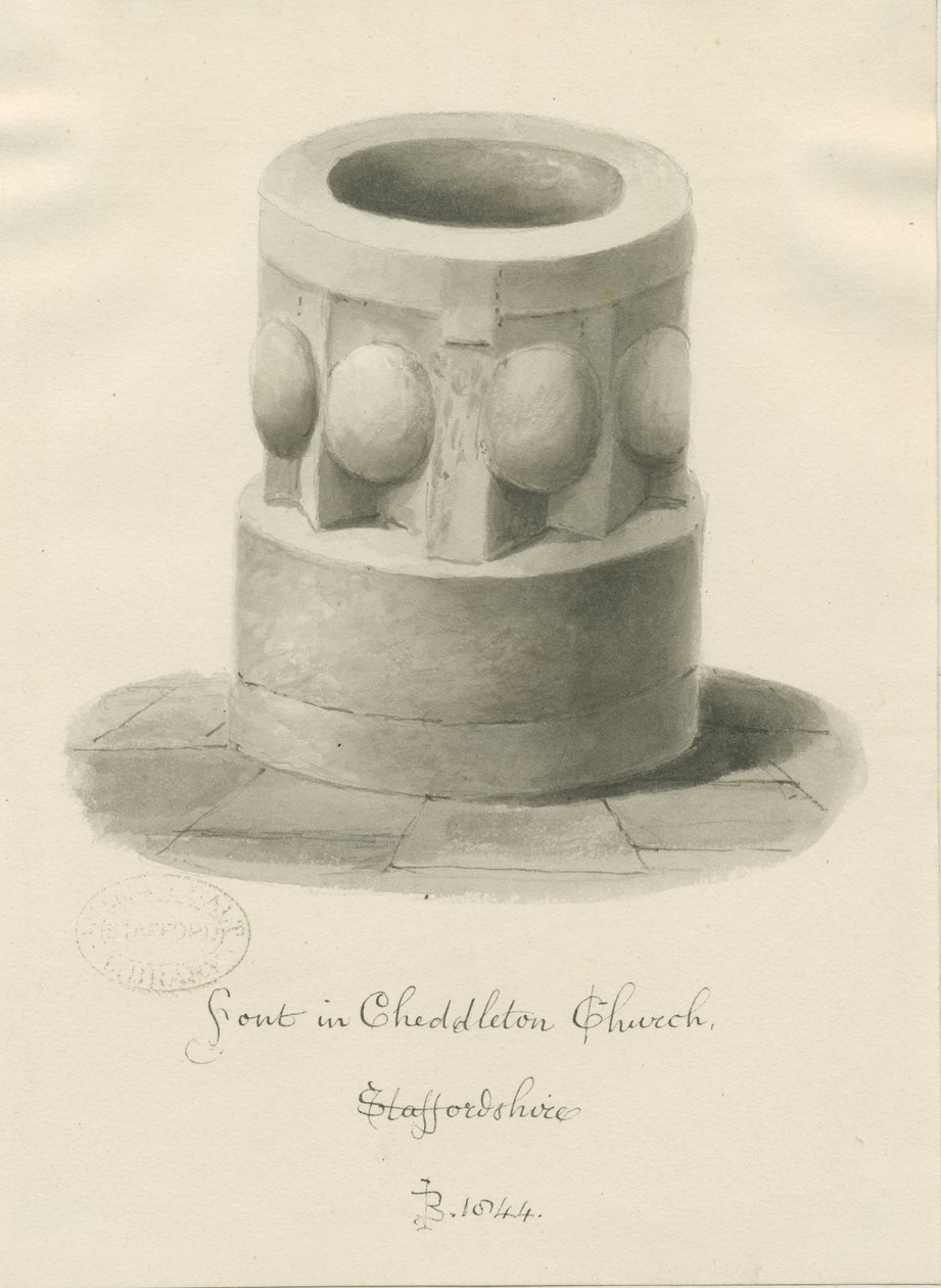 Typsnitt i Cheddleton Church: sepiateckning, 1844 av John Buckler