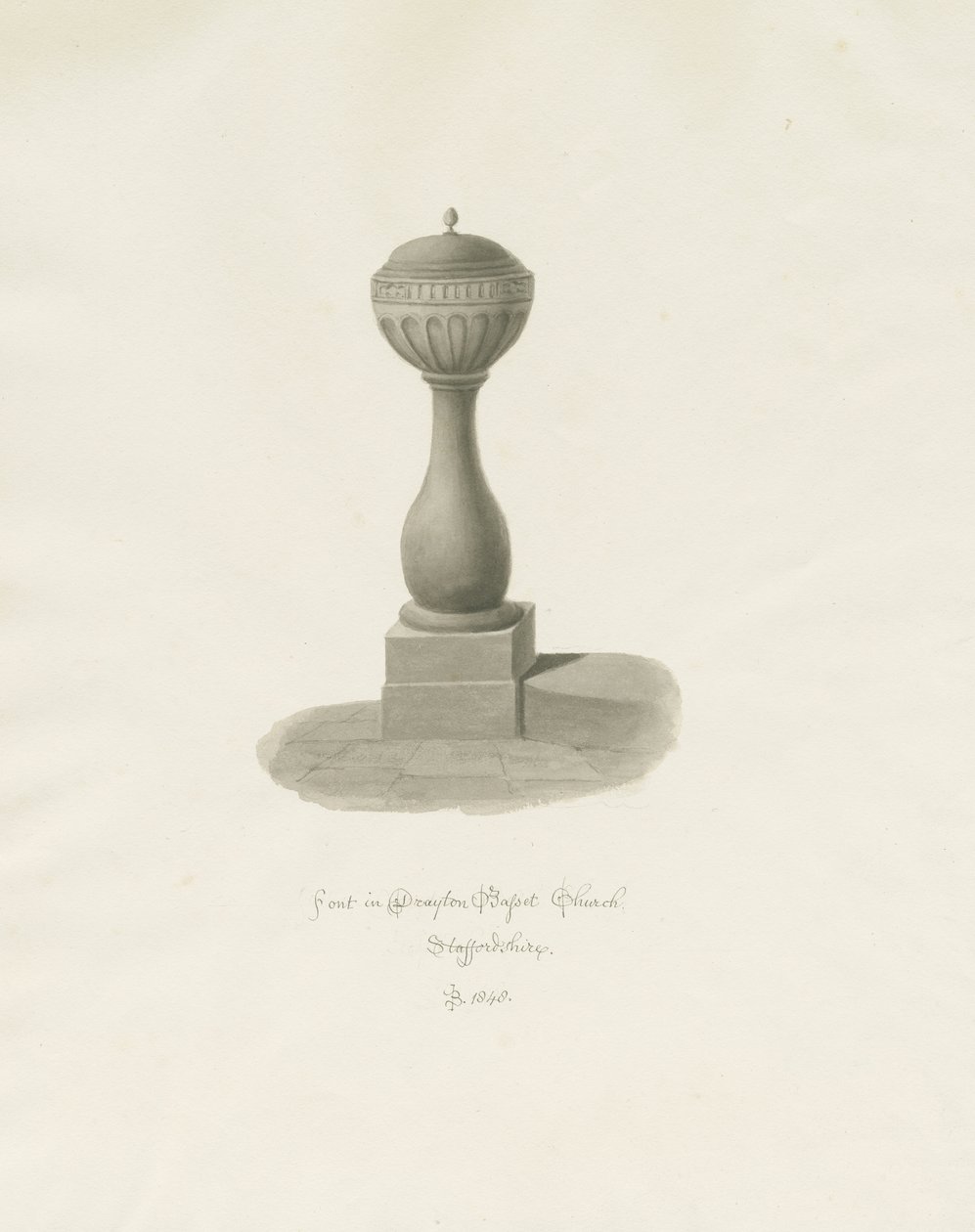 Typsnitt i Drayton Bassett Church: sepiateckning, 1848 av John Buckler