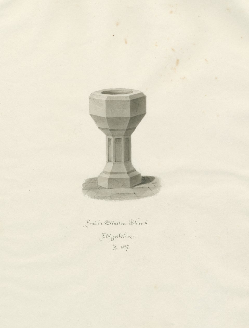 Typsnitt i Ellastone Church: sepiateckning av John Buckler