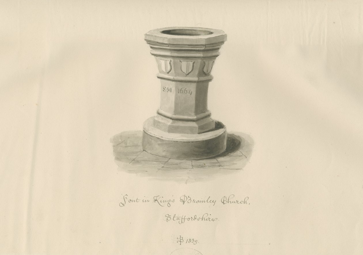 Typsnitt i Kings Bromley Church: sepiateckning, 1839 av John Buckler
