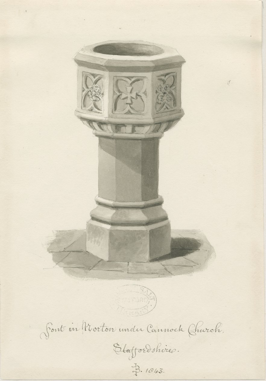 Typsnitt i Norton Canes Church: sepiatvättteckning, 1843 av John Buckler