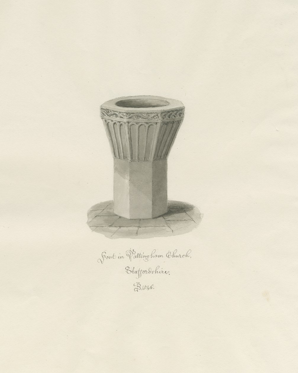 Typsnitt i Pattingham Church: sepiatvättteckning, 1846 av John Buckler