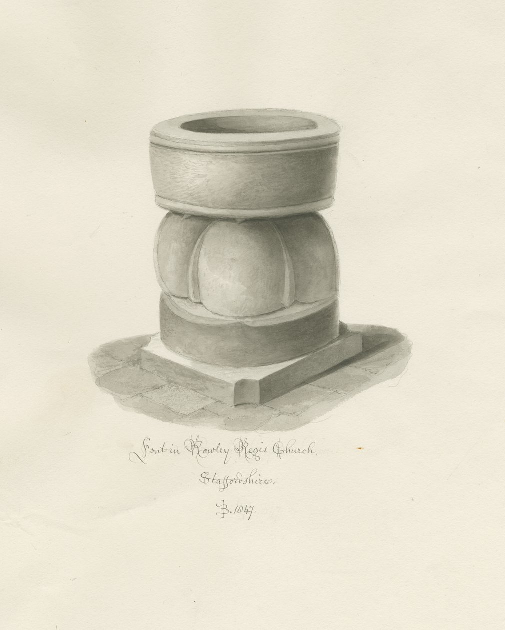 Typsnitt i Rowley Regis Church: sepiateckning av John Buckler