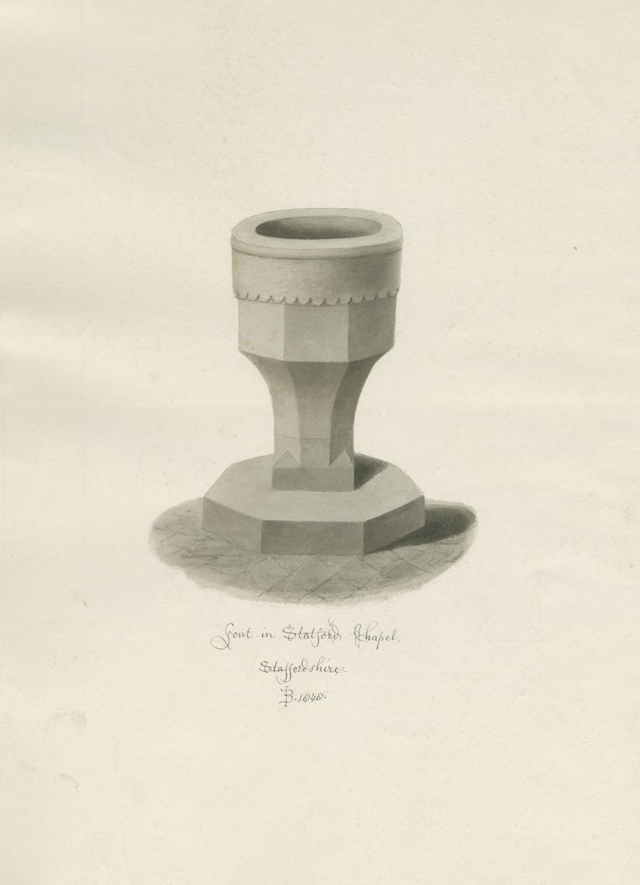 Typsnitt i Statfold Chapel: sepiateckning, 1848 av John Buckler