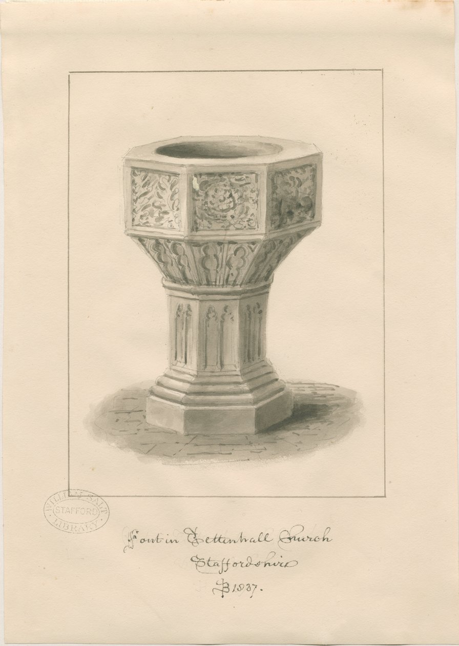 Typsnitt i Tettenhall Church: sepiateckning av John Buckler