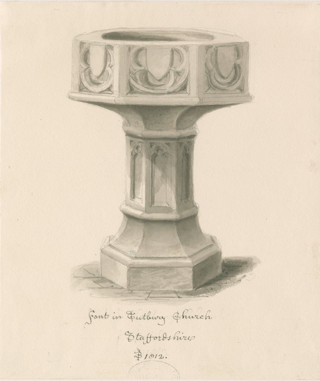 Typsnitt i Tutbury Priory Church: sepiatvättteckning av John Buckler