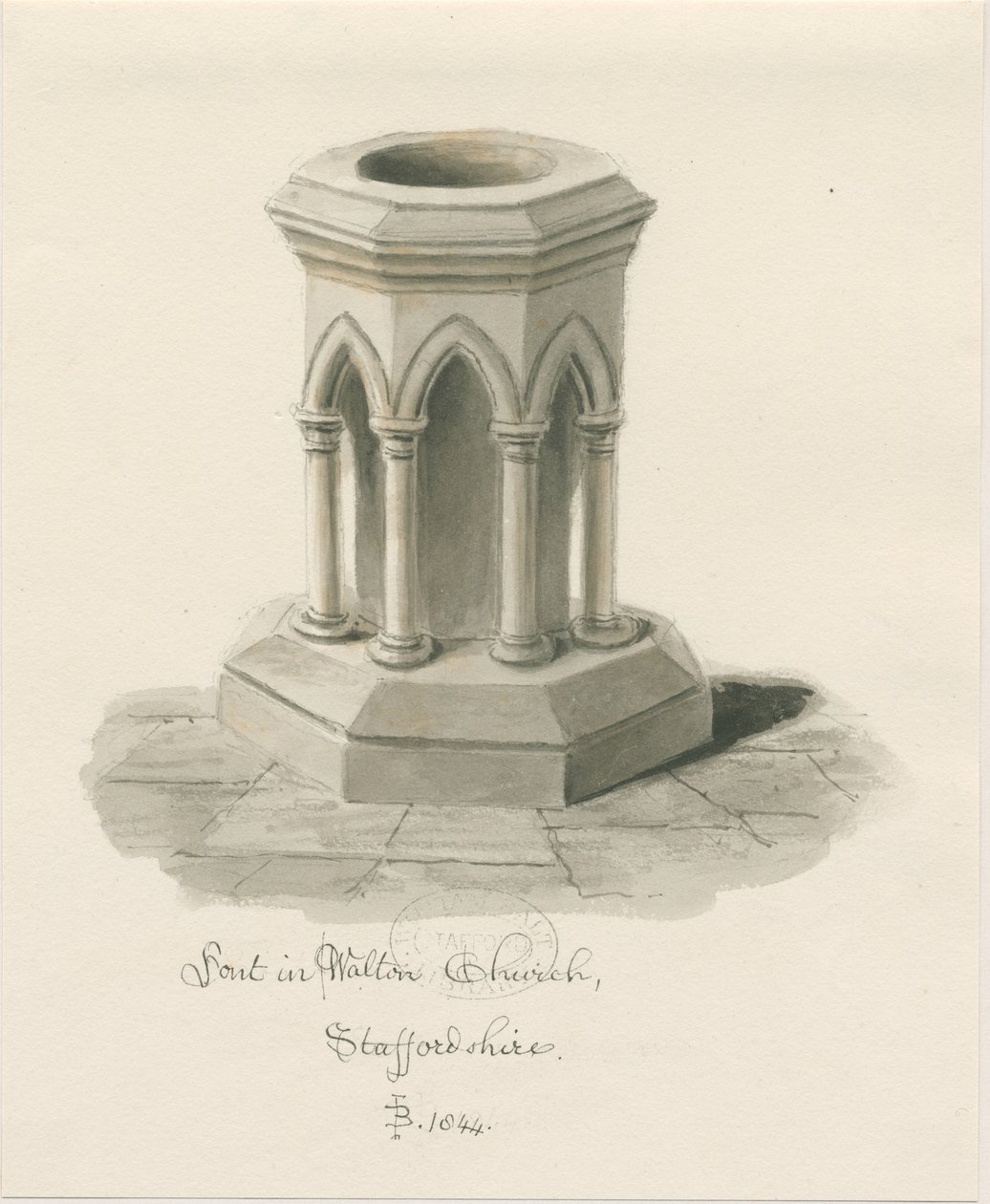 Typsnitt i Walton-on-the-Hill Church: sepiatvättteckning av John Buckler
