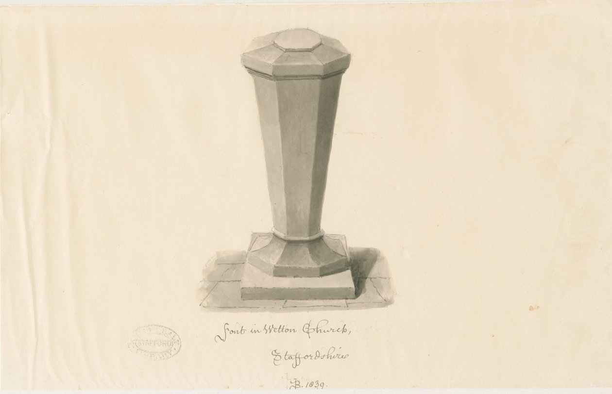 Typsnitt i Wetton Church: sepiateckning, 1839 av John Buckler