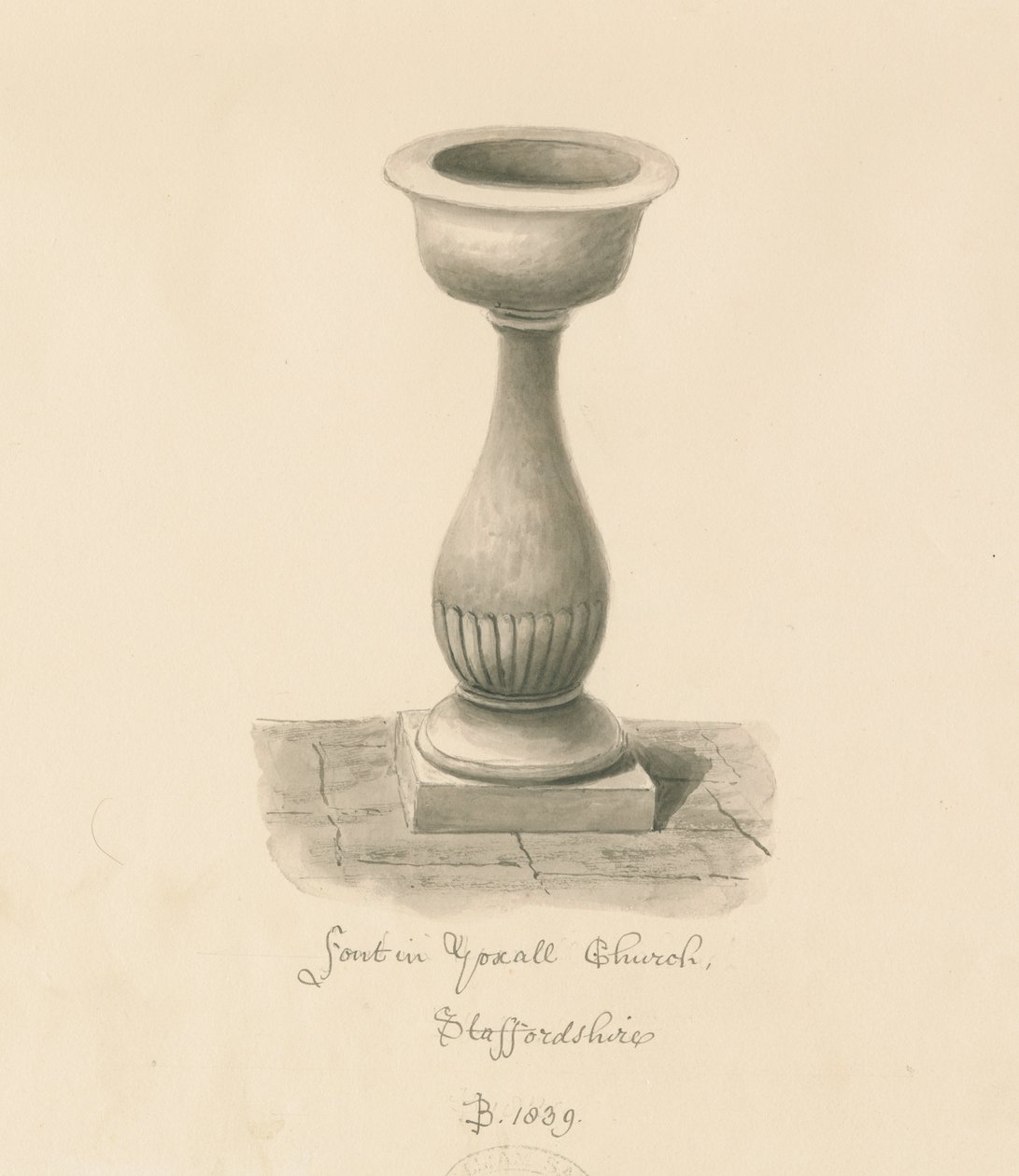 Typsnitt i Yoxall-kyrkan: sepiateckning, 1839 av John Buckler