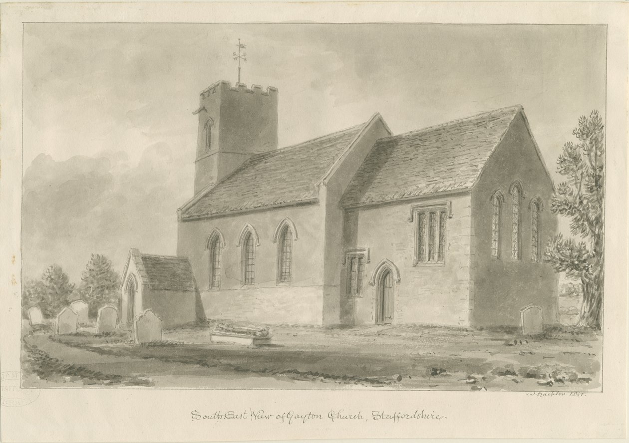 Gayton Church: sepiateckning, 1841 av John Buckler