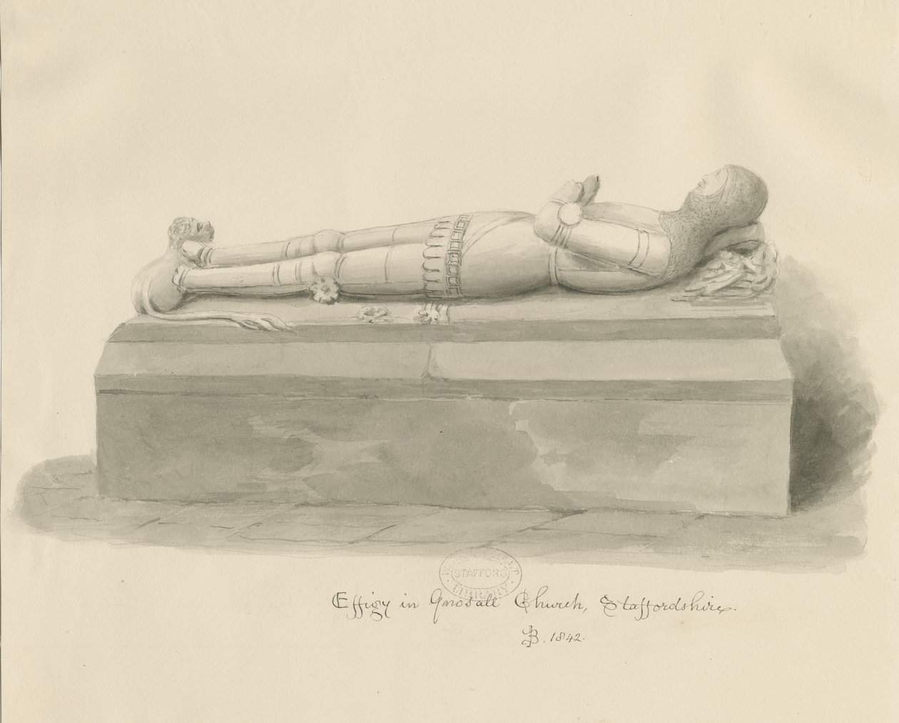 Gnosall Church - Effigy: tvättteckning av John Buckler