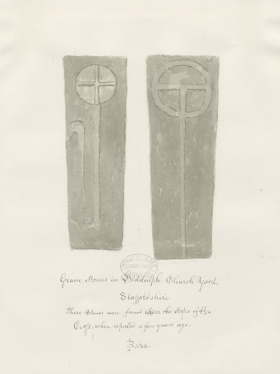 Gravstenar i Biddulph Churchyard: sepiateckning av John Buckler