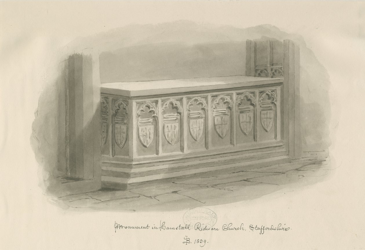 Hamstall Ridware Church - Monument: sepiatvättteckning, 1839 av John Buckler