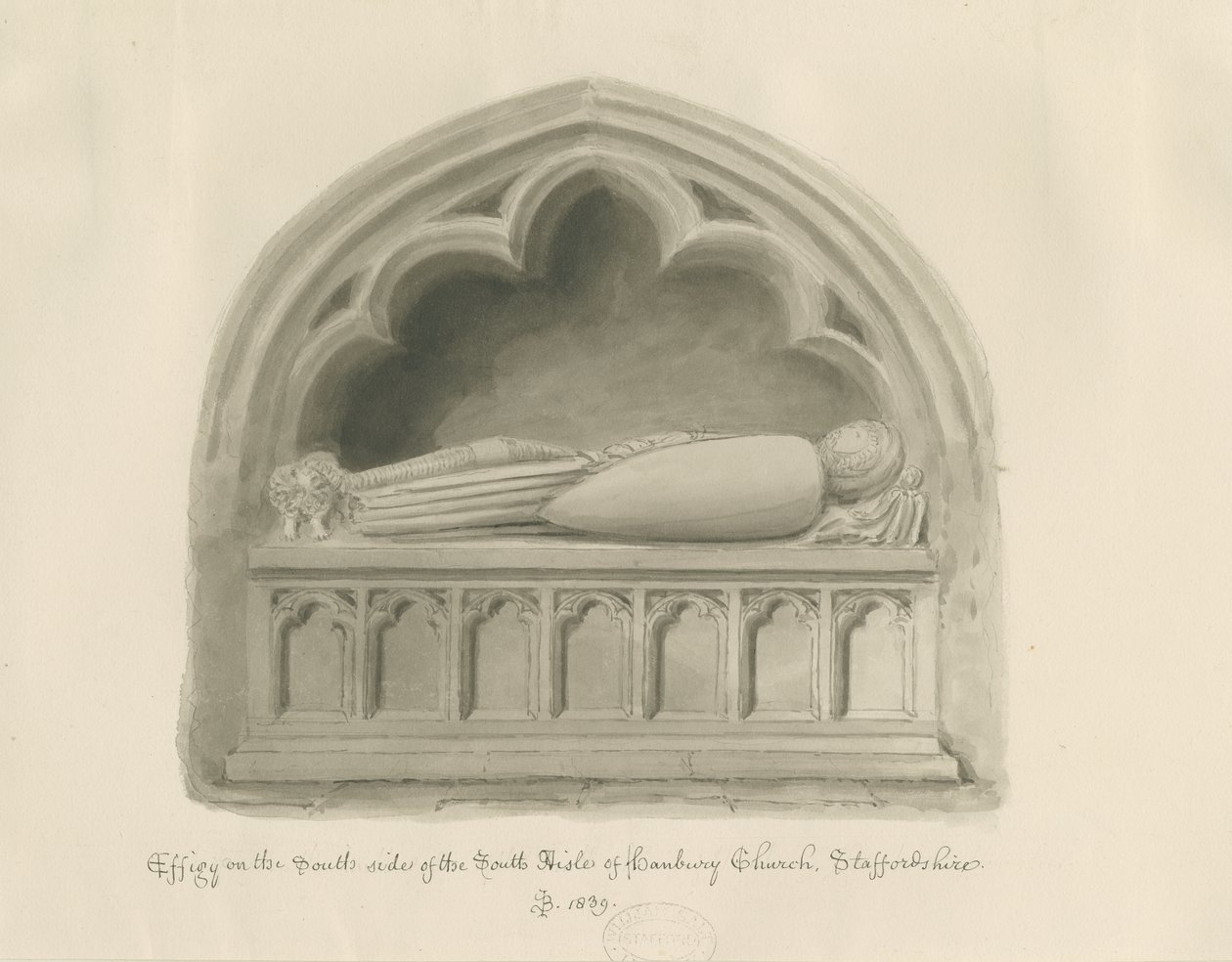 Hanbury Church - Effigy [av Sir John Hanbury]: sepiateckning av John Buckler