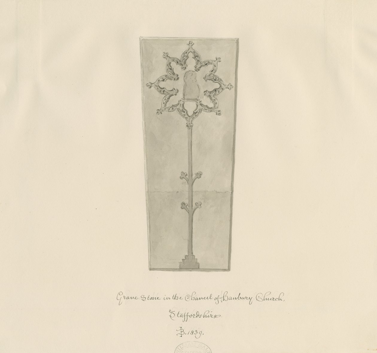 Hanbury Church - Gravsten: sepiateckning av John Buckler