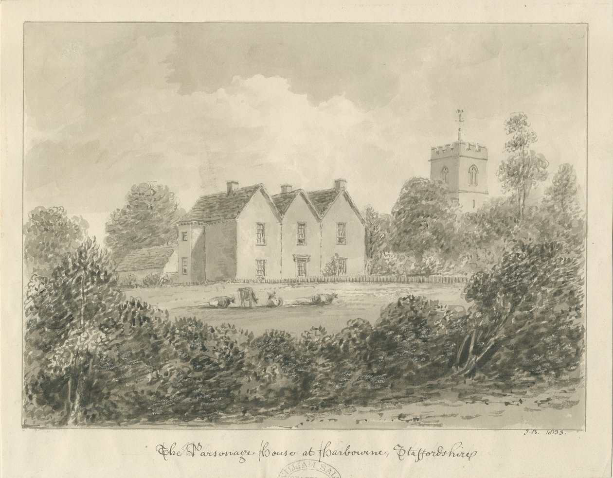 Harborne - Prästgård: sepiateckning, 1833 av John Buckler