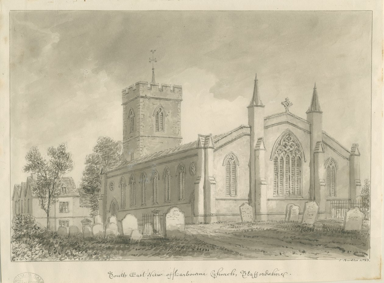 Harborne Church: sepiateckning av John Buckler
