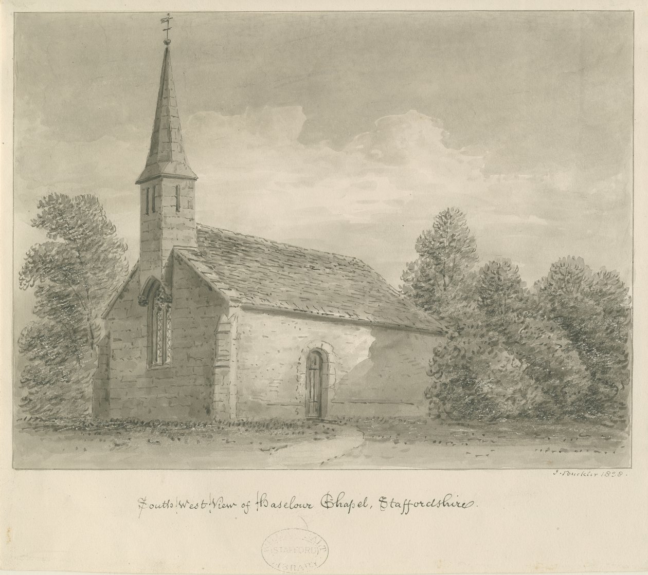 Haselour kapell: sepiateckning, 1828 av John Buckler