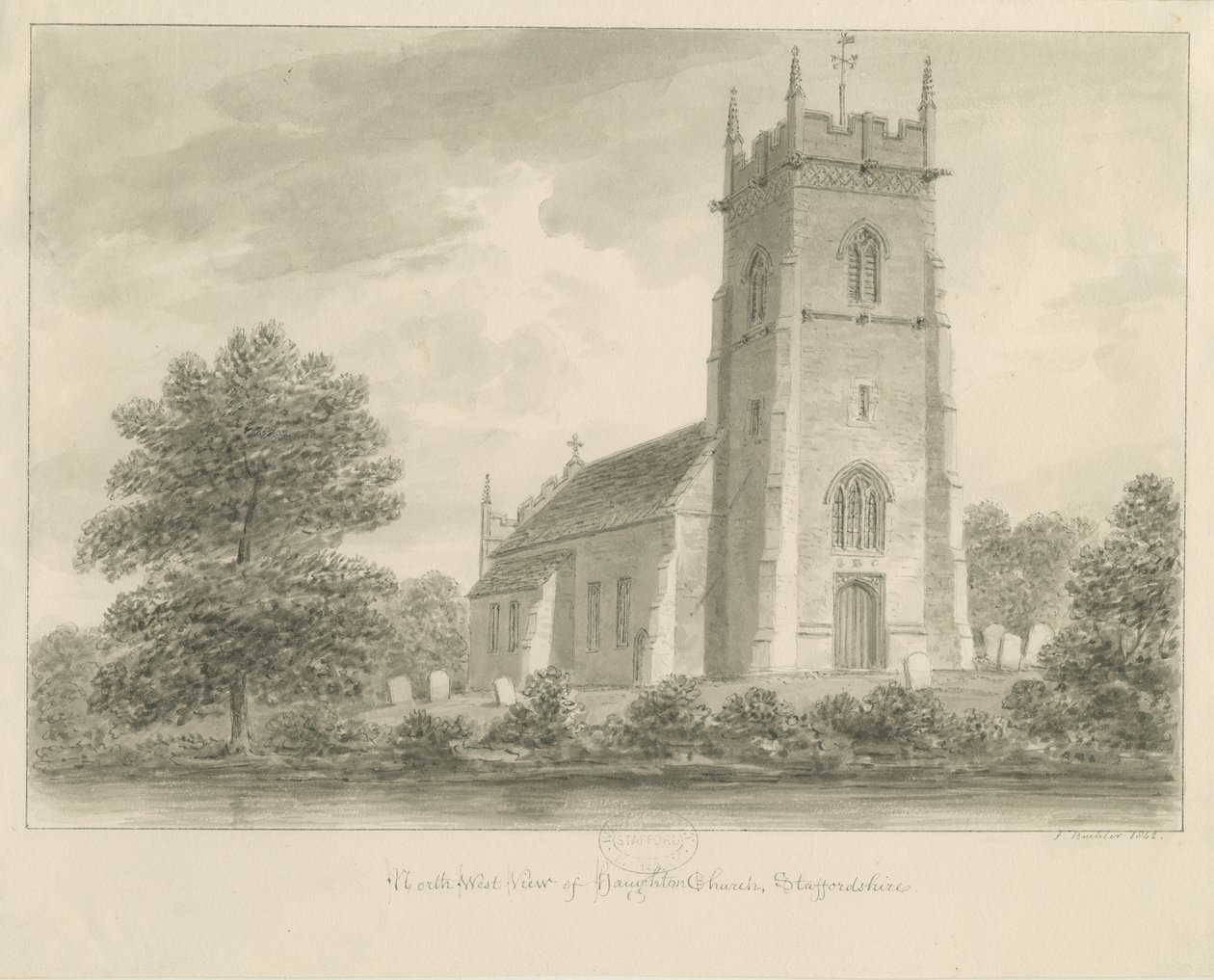 Haughton Church: sepiateckning av John Buckler