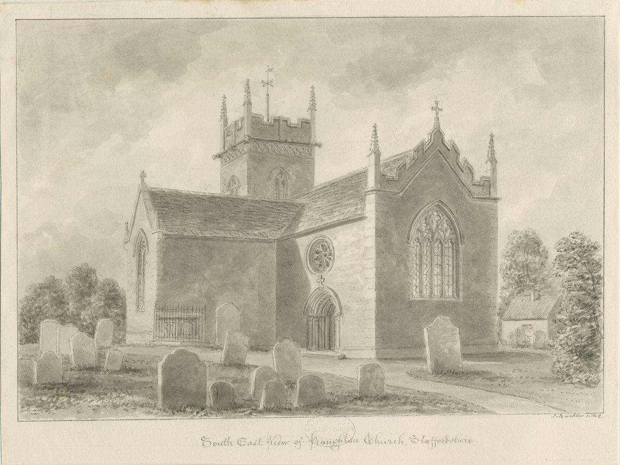 Haughton Church: sepiatvättteckning, 1842 av John Buckler