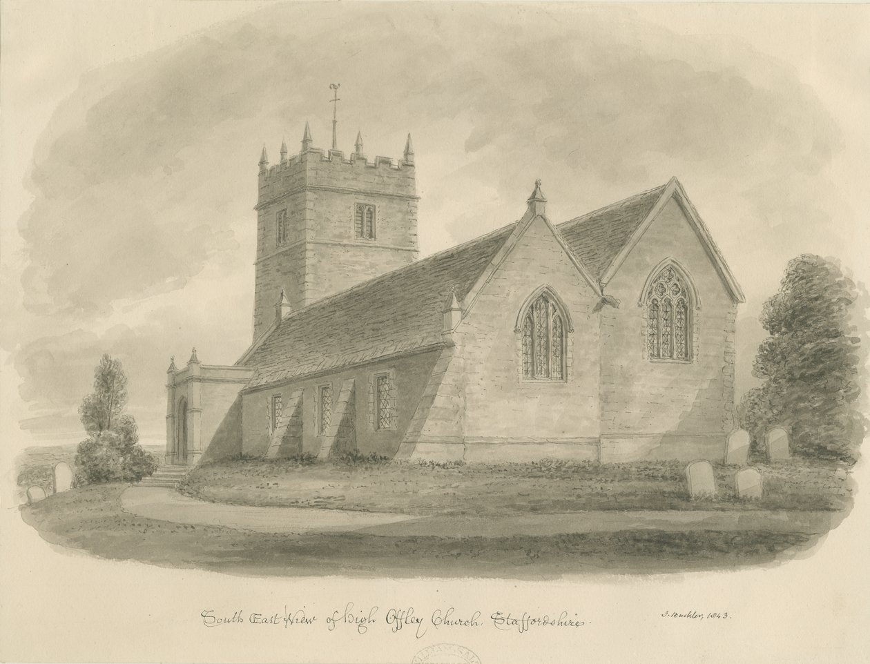 High Offley Church: sepiateckning av John Buckler