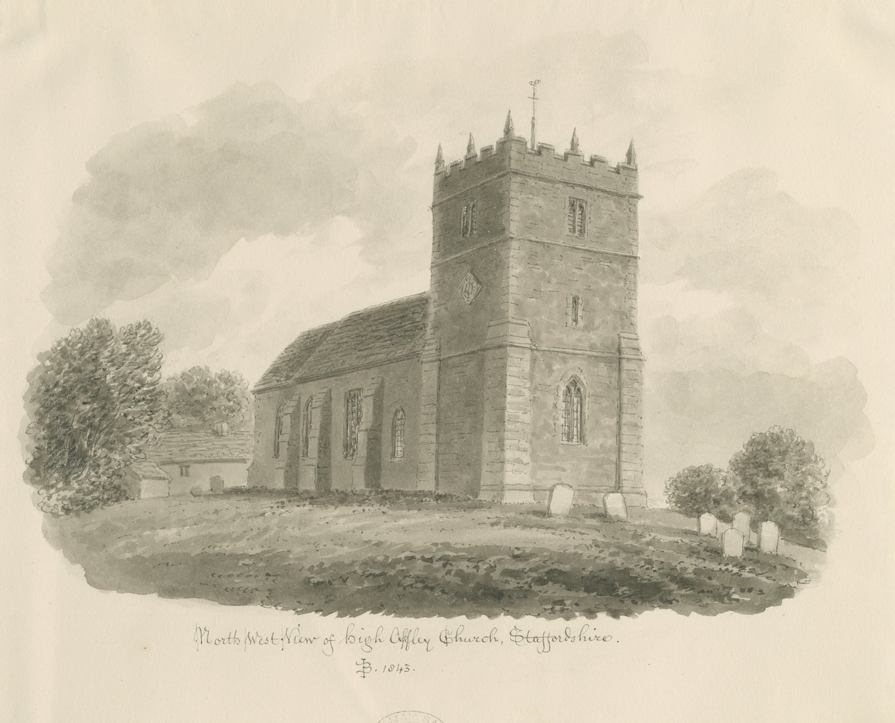 High Offley Church: sepiateckning, 1843 av John Buckler