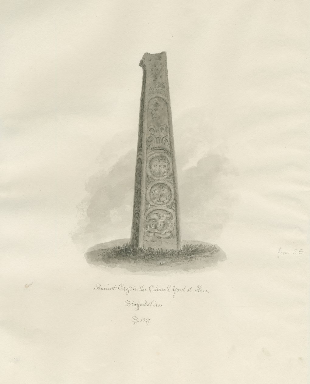 Ilam-kyrkan - antikt kors: sepiateckning, 1847 av John Buckler