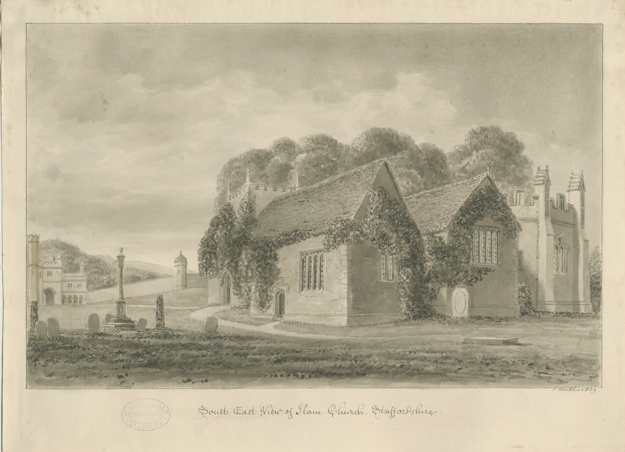 Ilams kyrka: sepiateckning, 1839 av John Buckler