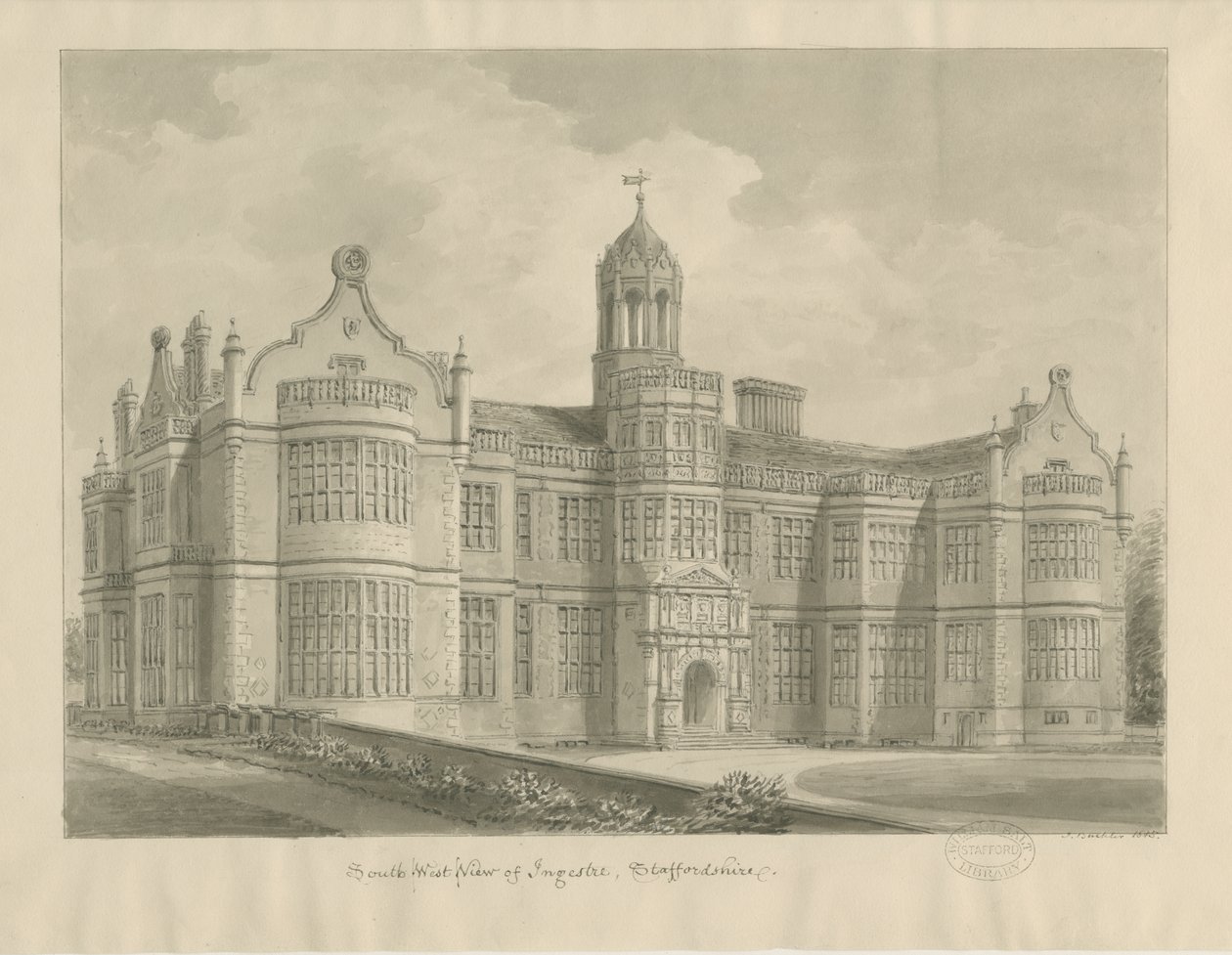 Ingestre Hall: sepiateckning av John Buckler