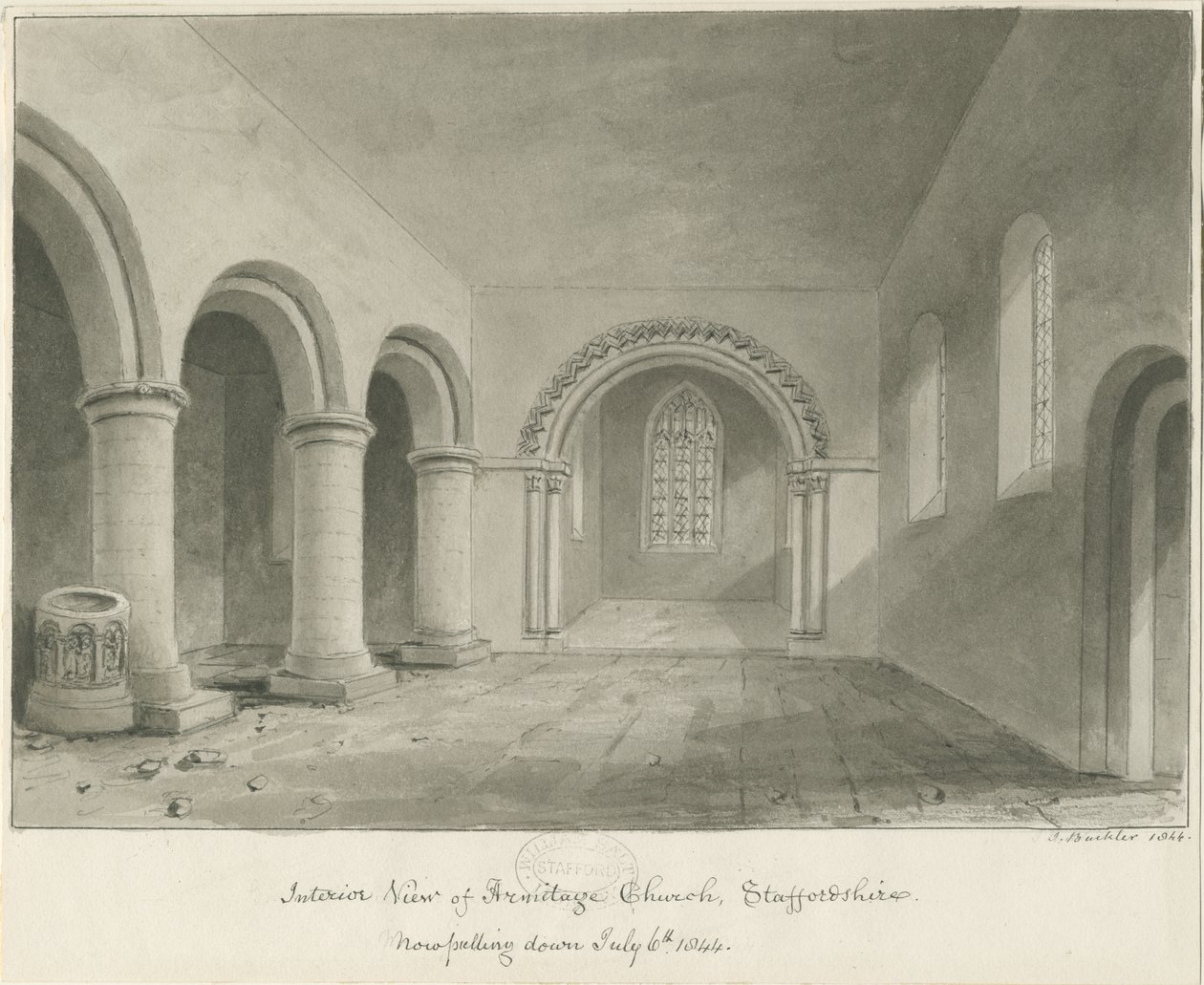 Armitagekyrkans interiör: sepiateckning, 6 juli 1844 av John Buckler