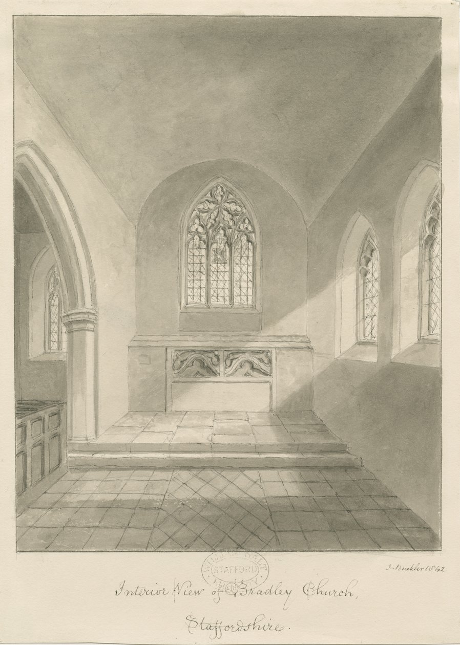 Interiör av Bradley Church: sepiateckning, 1842 av John Buckler
