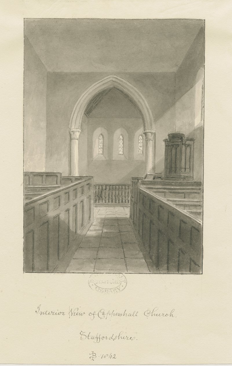 Interiör av Coppenhall Church: sepiateckning av John Buckler