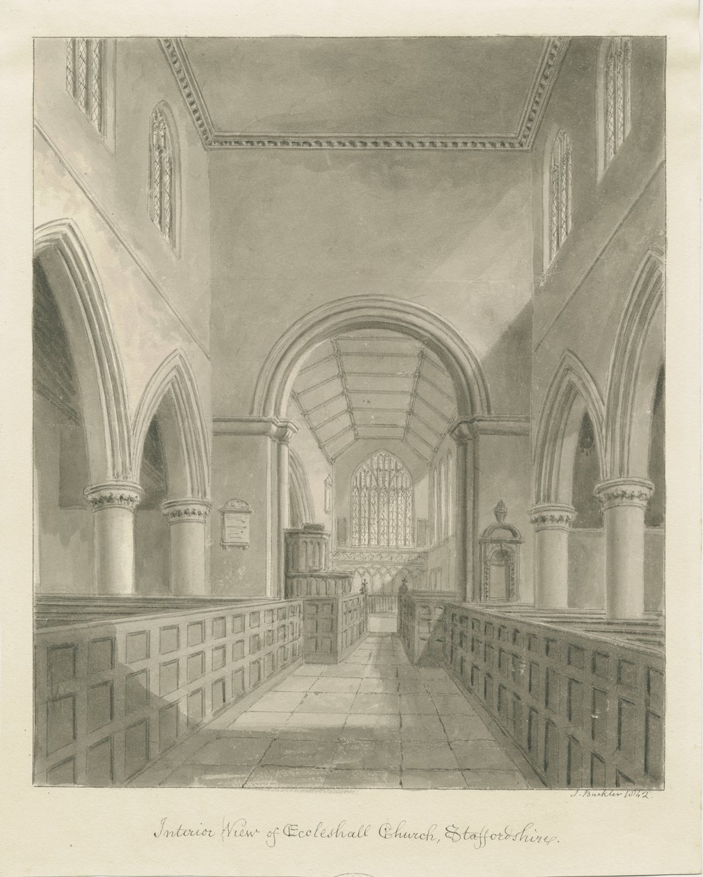 Interiör av Eccleshall Church: sepiateckning, 1842 av John Buckler