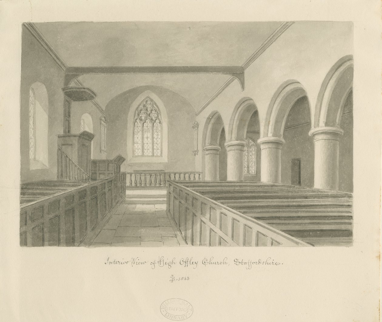 Interiör av High Offley Church: sepiateckning av John Buckler