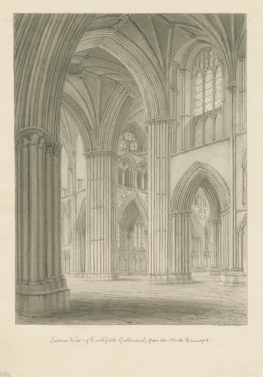 Interiör av Lichfield Cathedral - Korsning från norra tvärskeppet: sepiateckning av John Buckler