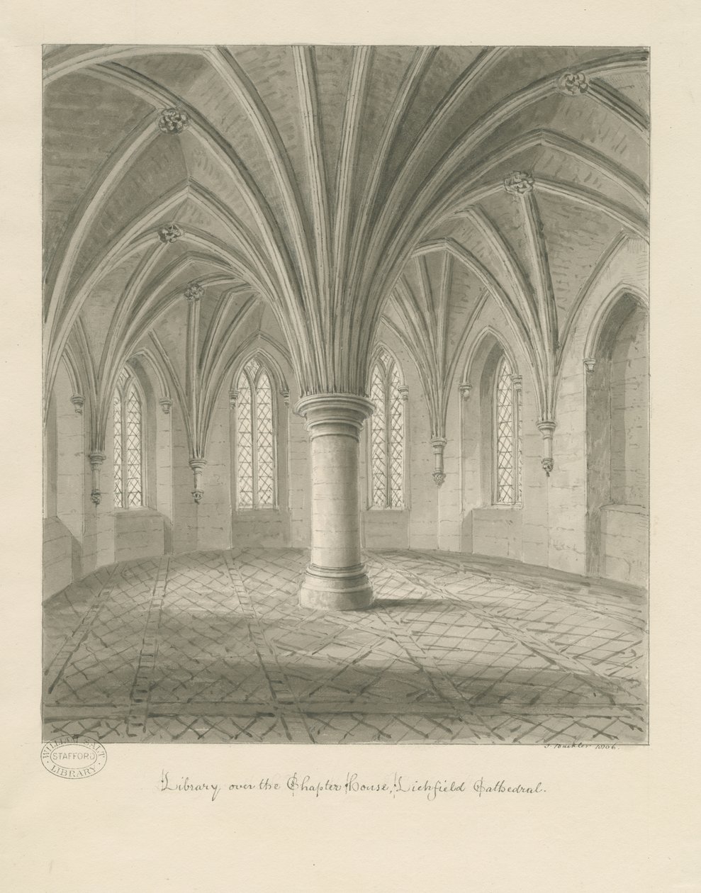 Interiör av Lichfield Cathedral - Bibliotek ovanför Chapter House: sepiateckning av John Buckler
