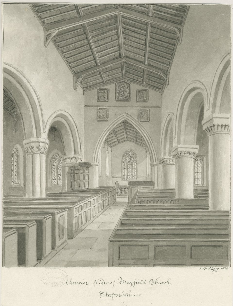 Interiör av Mayfield Church: sepiatvättteckning, 1844 av John Buckler