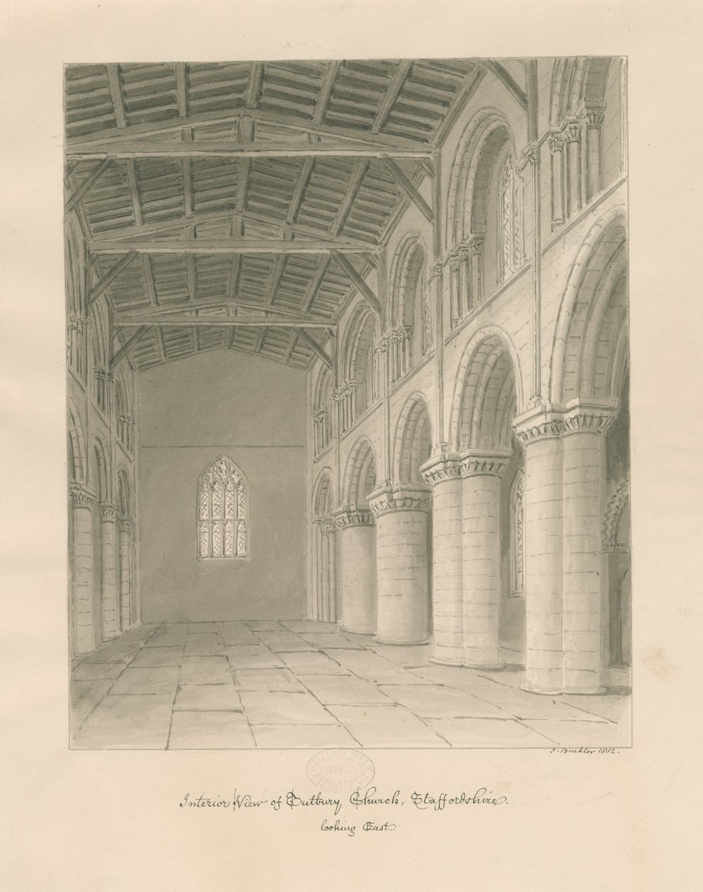 Interiör av Tutbury Priory Church: sepiatvättteckning av John Buckler