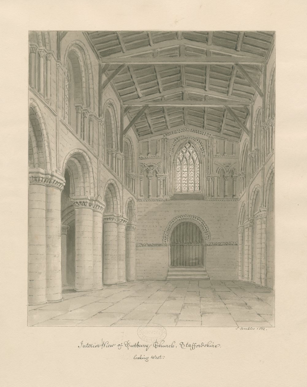 Interiör av Tutbury Priory Church: sepiatvättteckning av John Buckler