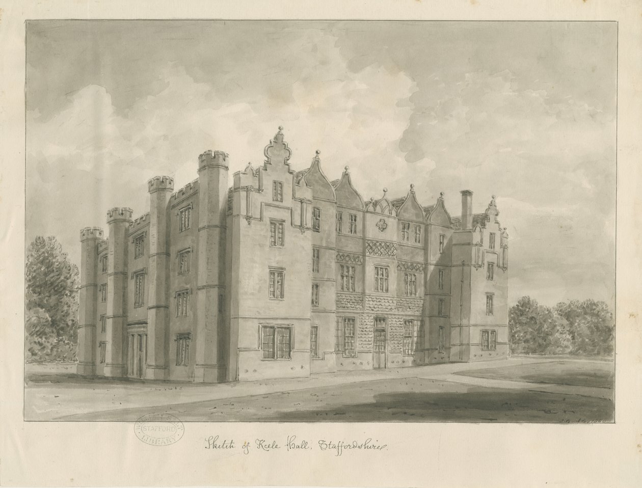 Keele Hall: sepiateckning av John Buckler
