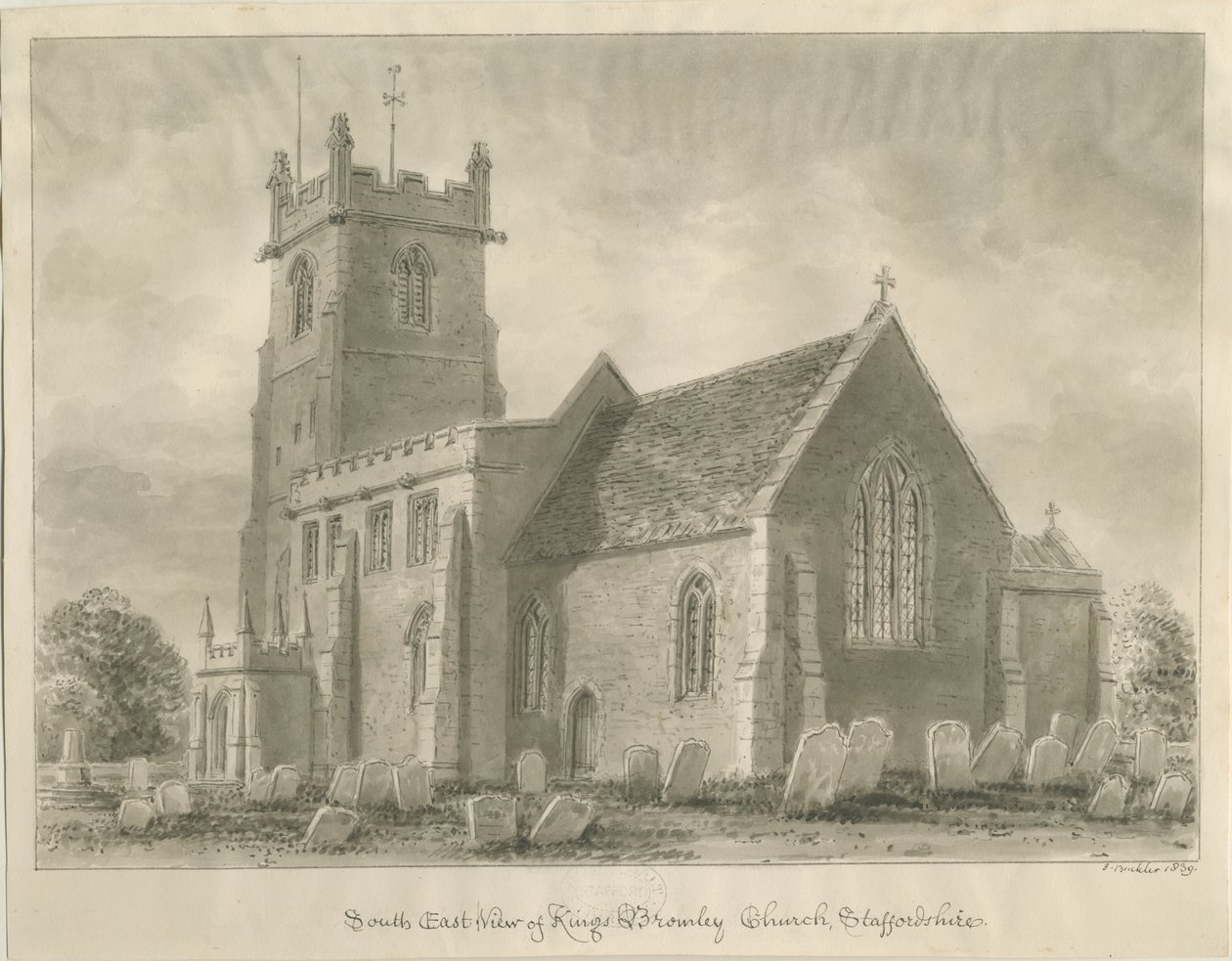 Kings Bromley Church: sepiateckning, 1839 av John Buckler