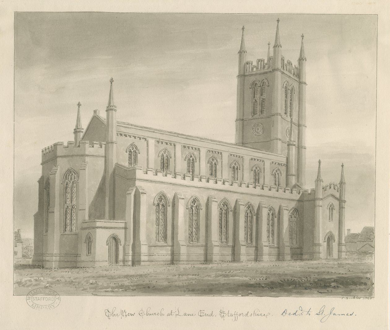 Lane End - New Church: sepiateckning av John Buckler