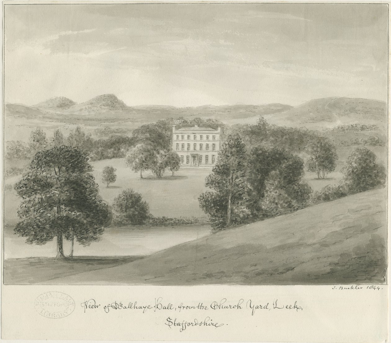 Purjolök - Ball Haye Hall: sepiateckning, 1844 av John Buckler