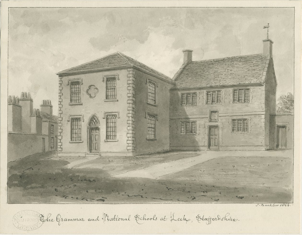 Leek Town - Grammar School: sepiateckning, 1844 av John Buckler