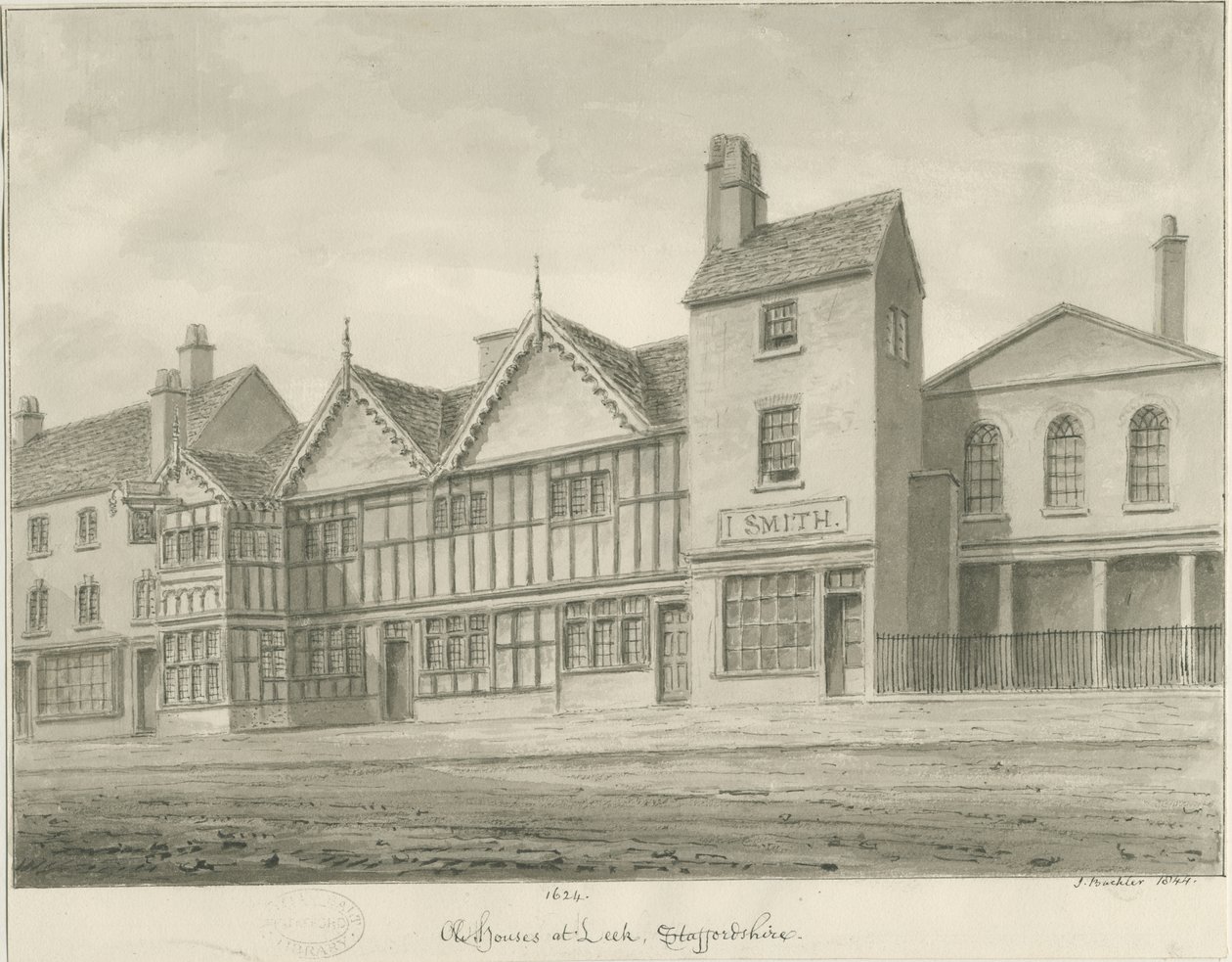 Leek Town - Gamla hus: sepiateckning, 1844 av John Buckler