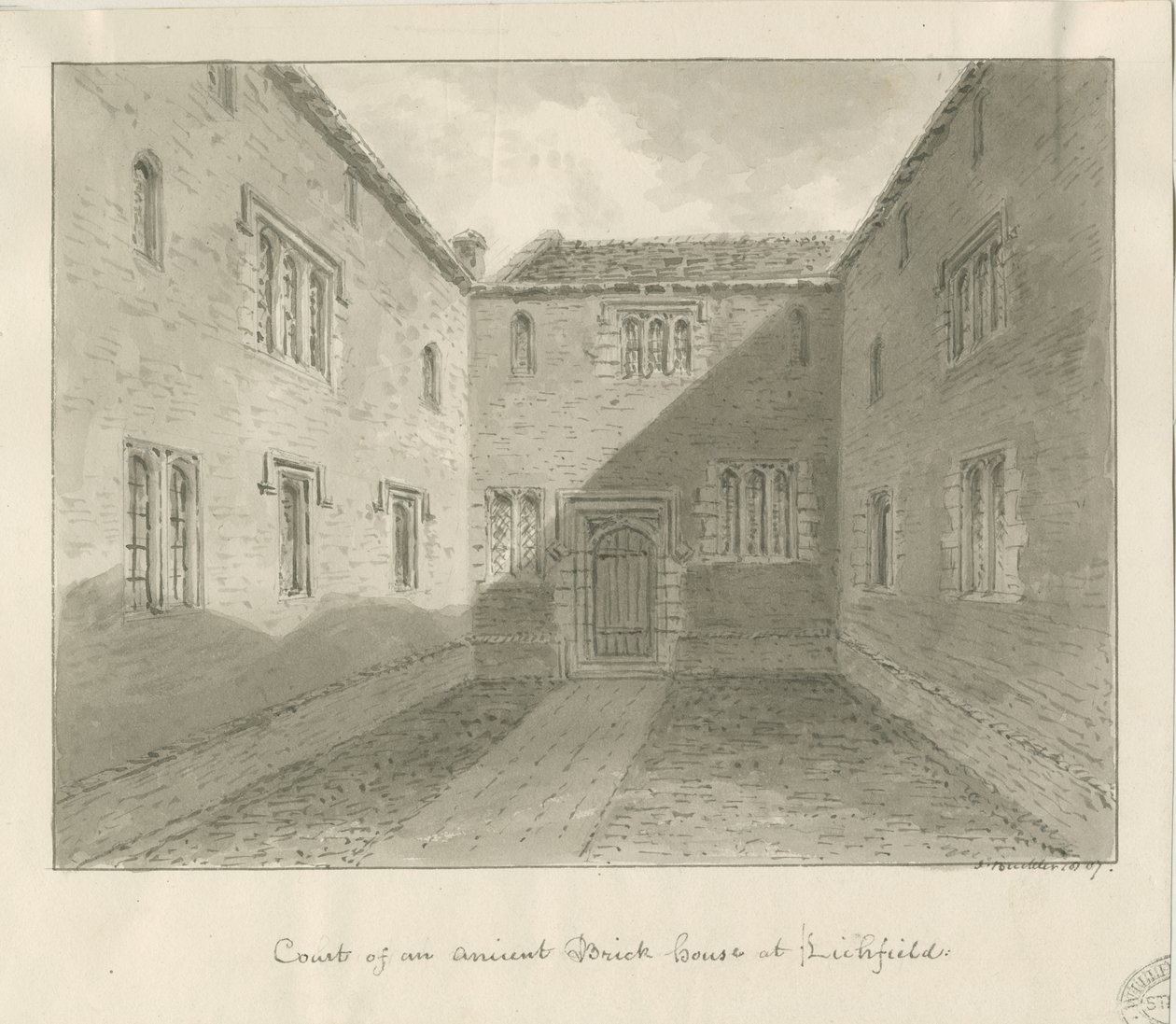 Lichfield - Court Yard of Old House in The Close: sepiateckning av John Buckler