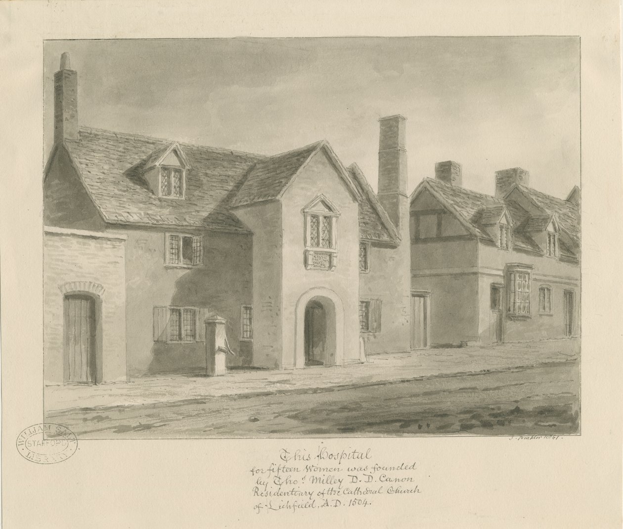 Lichfield - Hospital for Women: sepiateckning av John Buckler